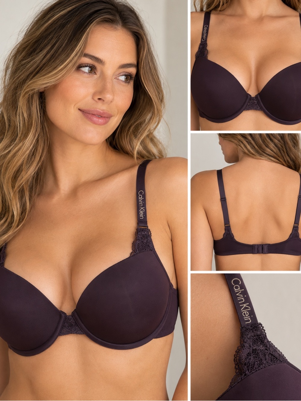 Calvin Klein Eggplant Purple Plum Lace-Trim T-Shirt Bra Size 36C Underwire